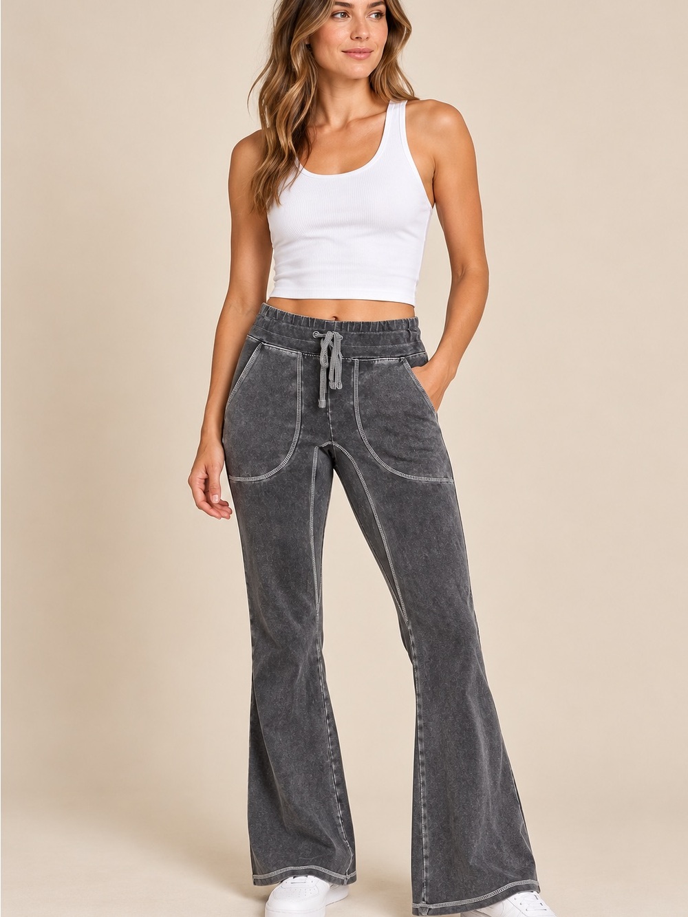 Washed Black Flared Drawstring Jeans - Women
